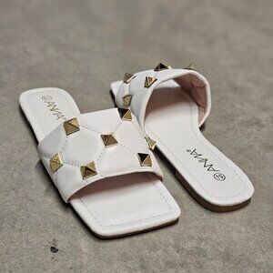 White Studded Slide Sandals With Quilted Strap Design Square Toe Womens